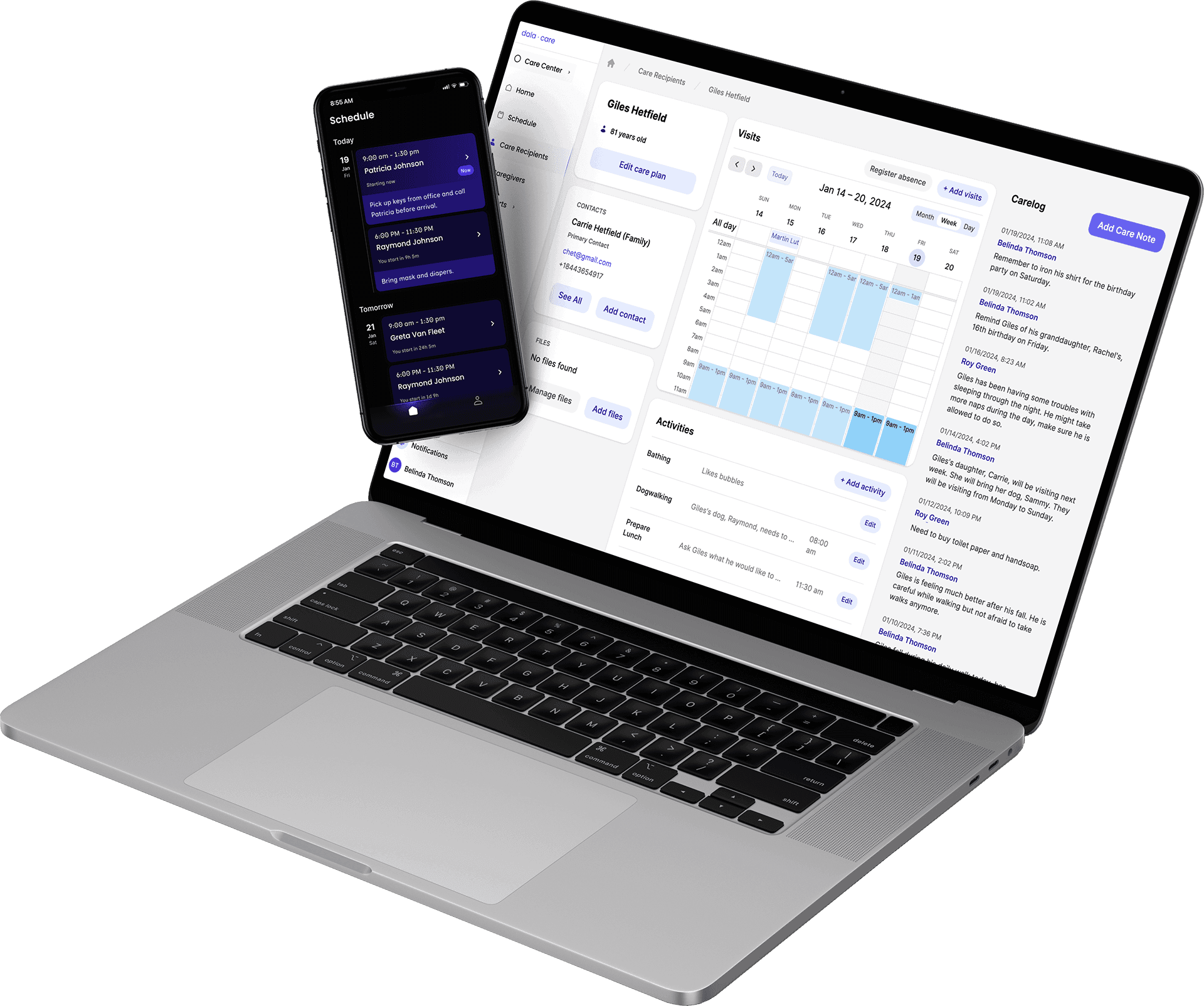 dala.care schedule and care plan running on a laptop and phone