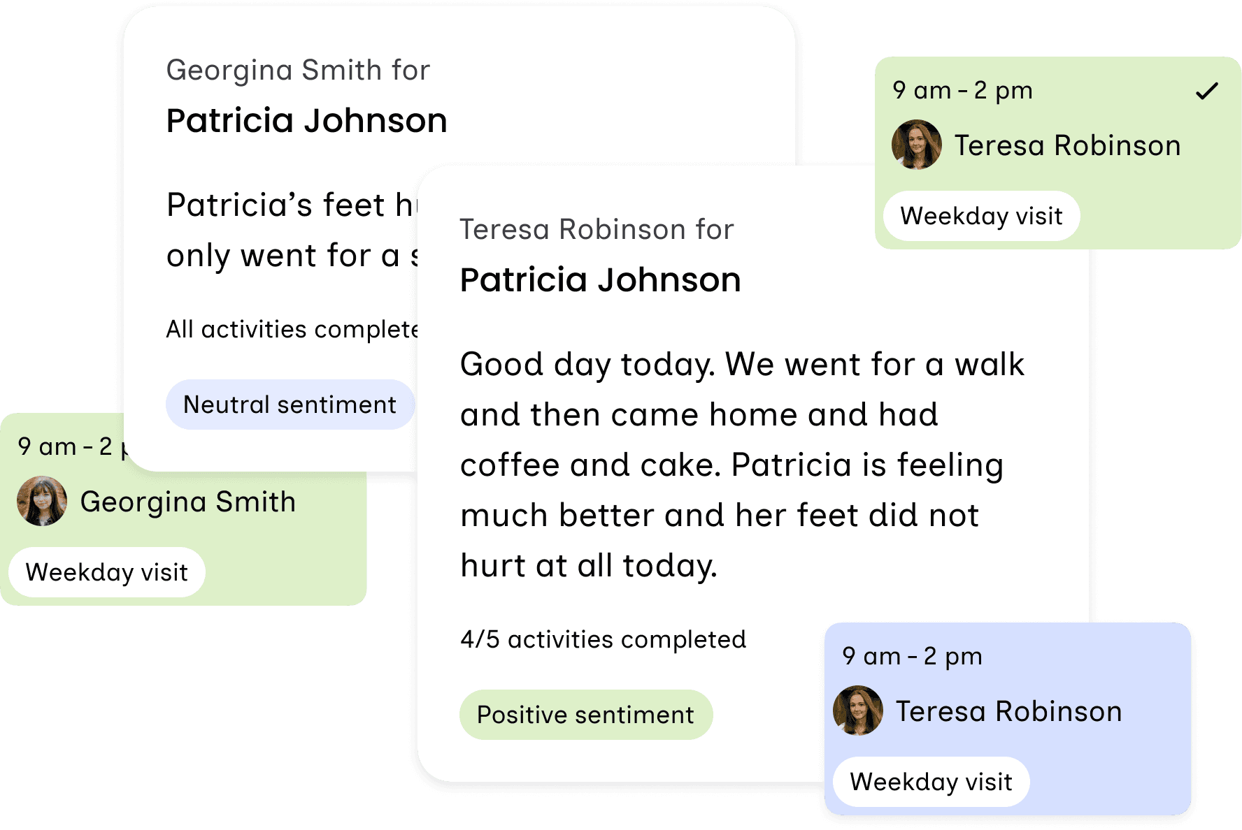 Visit notes from two caregivers for Patricia Johnson, each showing activities completed and a sentiment tag