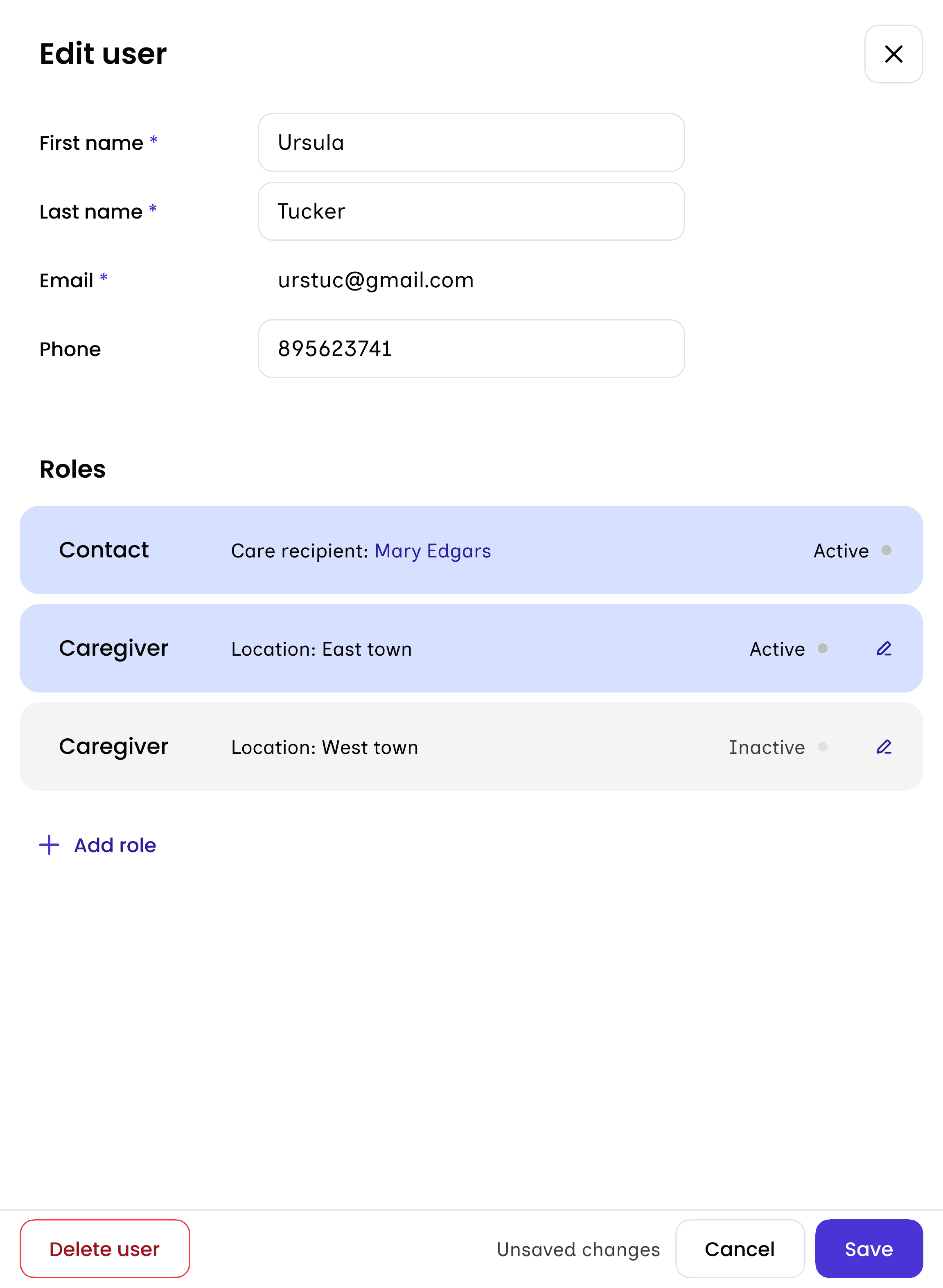 Edit user panel showing a person's details and roles: contact for a care recipient and caregiver at two locations