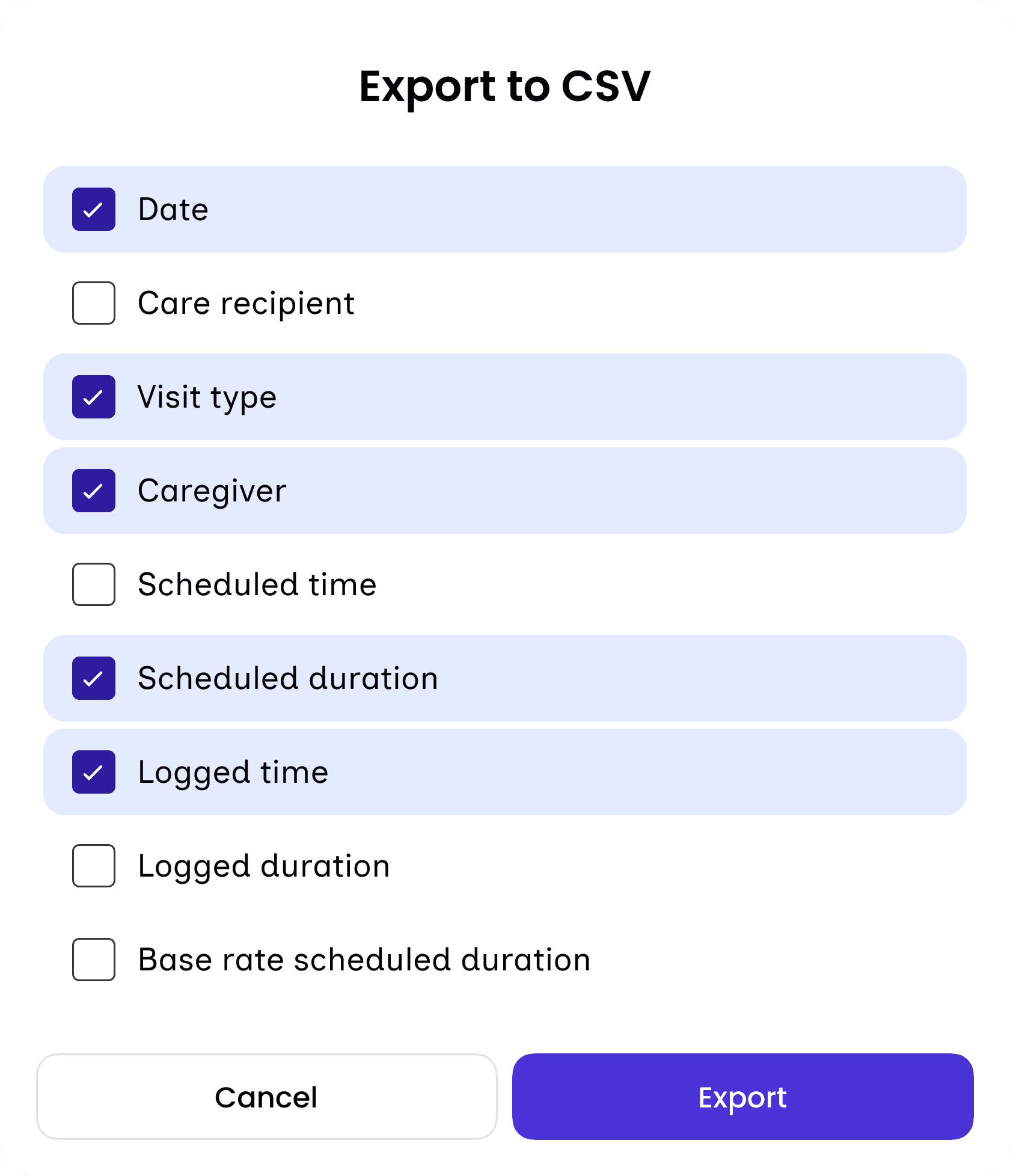 Export to CSV dialog for choosing columns such as date, visit type, caregiver and logged time
