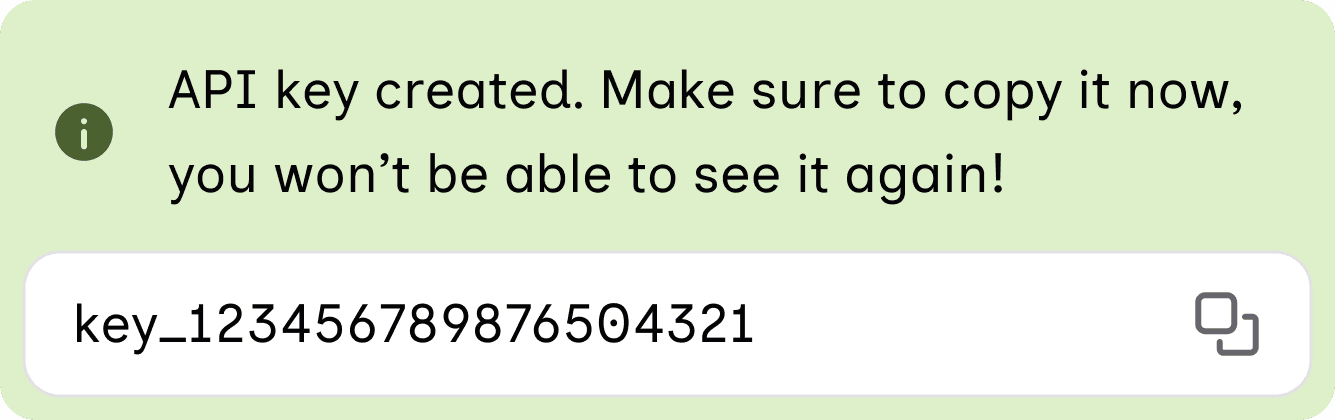Confirmation that a new API key was created, with the key and a copy button